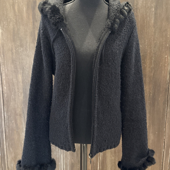 Escapade Black Fur Trimmed Sweater Zip Front Cardigan Hooded Women’s Size Large - Picture 1 of 6